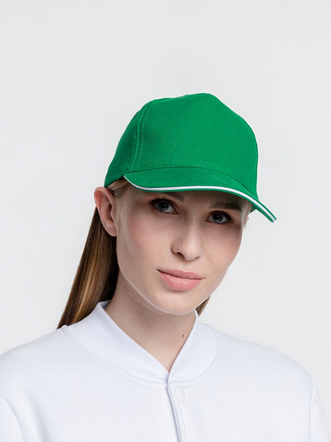 Бейсболка Classic, ярко-зеленая с белым кантом с логотипом в Ставрополе заказать по выгодной цене в кибермаркете AvroraStore