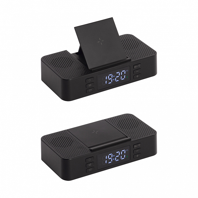 Настольные часы "Smart Box" с bluetooth колонкой (2х3Вт), беспроводным (15W) зарядным устройством и складной подставкой под смартфон с логотипом в Ставрополе заказать по выгодной цене в кибермаркете AvroraStore