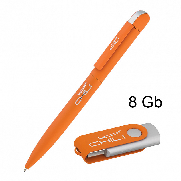 Набор ручка "Jupiter" + флеш-карта "Vostok" 8 Гб в футляре, оранжевый, покрытие soft touch с логотипом в Ставрополе заказать по выгодной цене в кибермаркете AvroraStore