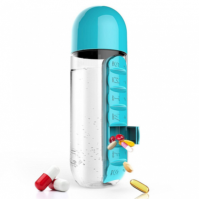 Бутылка с таблетницей In Style, голубая с логотипом в Ставрополе заказать по выгодной цене в кибермаркете AvroraStore