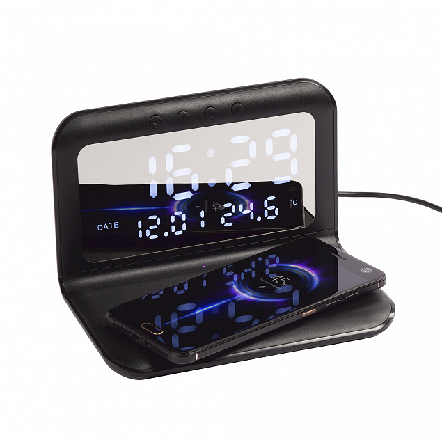 Настольные часы "Smart Time" с беспроводным (15W) зарядным устройством, будильником и термометром, со съёмным дисплеем с логотипом в Ставрополе заказать по выгодной цене в кибермаркете AvroraStore