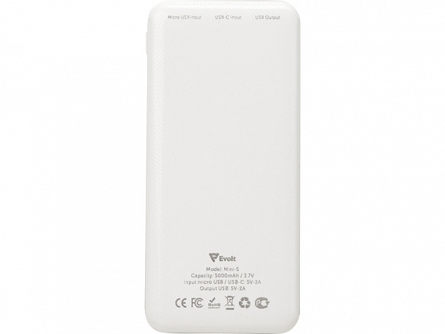 Внешний аккумулятор Evolt Mini-5, 5000 mAh, белый с логотипом в Ставрополе заказать по выгодной цене в кибермаркете AvroraStore