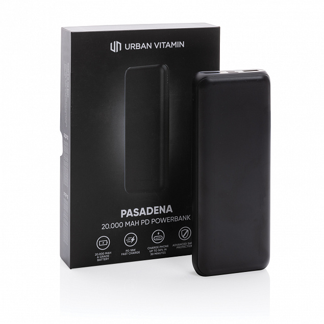 Внешний аккумулятор Urban Vitamin Pasadena с быстрой зарядкой PD, 18 Вт, 20000 мАч с логотипом в Ставрополе заказать по выгодной цене в кибермаркете AvroraStore