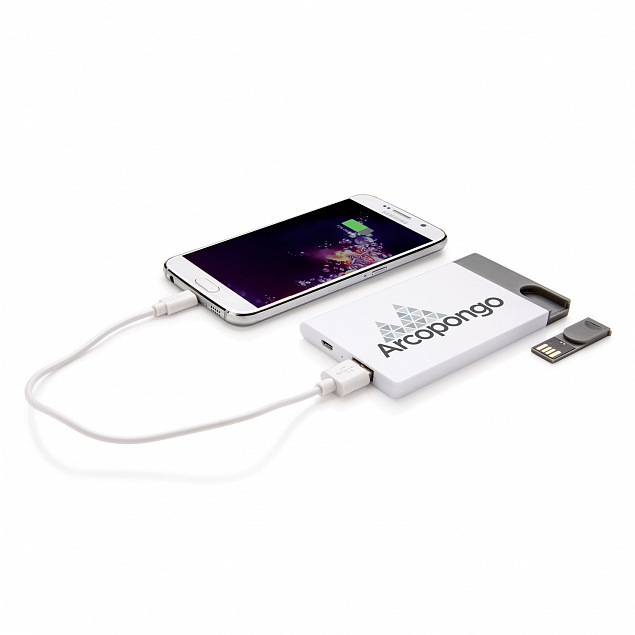 Зарядное устройство с USB–флешкой на 8 ГБ, 2500 mAh, белый с логотипом в Ставрополе заказать по выгодной цене в кибермаркете AvroraStore