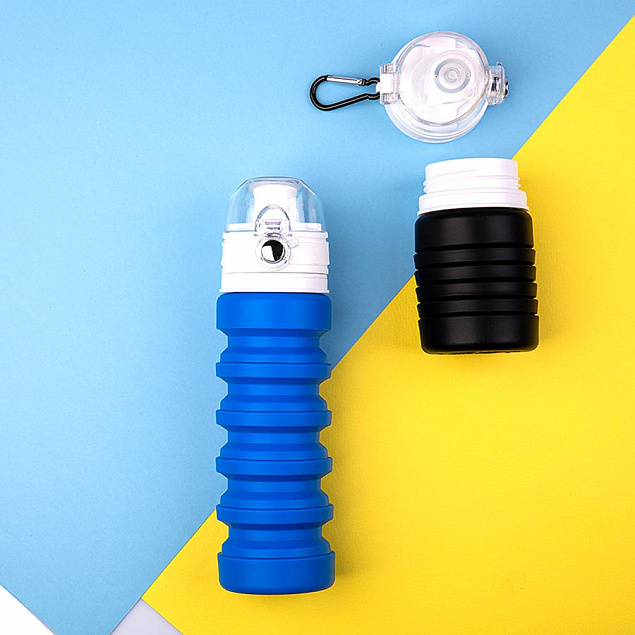 Бутылка для воды складная с карабином SPRING; синяя, 550/250 мл, силикон с логотипом в Ставрополе заказать по выгодной цене в кибермаркете AvroraStore