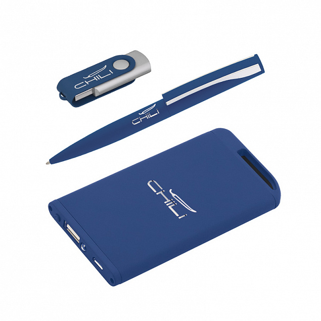 Набор ручка + флеш-карта 16Гб + зарядное устройство 4000 mAh в футляре, темно-синий, soft touch с логотипом в Ставрополе заказать по выгодной цене в кибермаркете AvroraStore