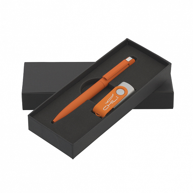 Набор ручка + флеш-карта 16 Гб в футляре, оранжевый, покрытие soft touch с логотипом в Ставрополе заказать по выгодной цене в кибермаркете AvroraStore