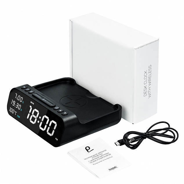 Настольные часы 6в1 с беспроводной зарядкой 10W, Orion, черный цвет с логотипом в Ставрополе заказать по выгодной цене в кибермаркете AvroraStore