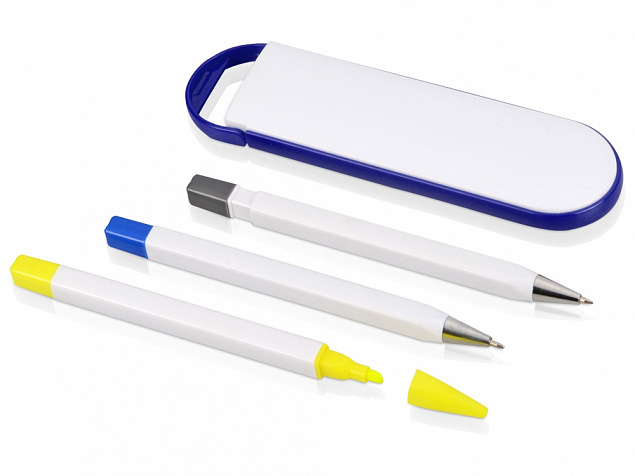 Набор Квартет: ручка шариковая, карандаш и маркер, белый/синий с логотипом в Ставрополе заказать по выгодной цене в кибермаркете AvroraStore