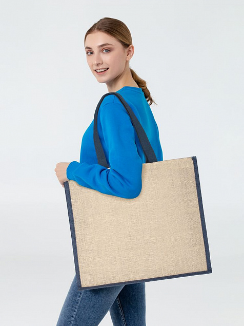 Холщовая сумка для покупок Bagari с синей отделкой с логотипом в Ставрополе заказать по выгодной цене в кибермаркете AvroraStore