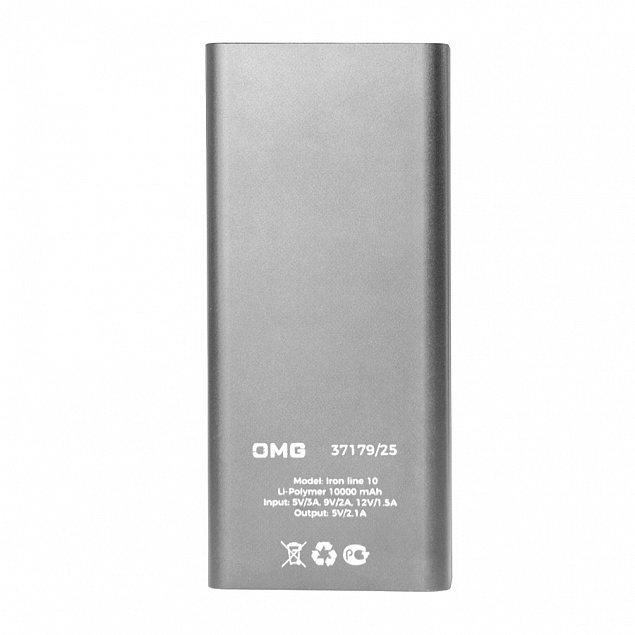 Универсальный аккумулятор OMG Iron line 10 (10000 мАч), металл, серебристый, 14,7х6.6х1,5 см с логотипом в Ставрополе заказать по выгодной цене в кибермаркете AvroraStore
