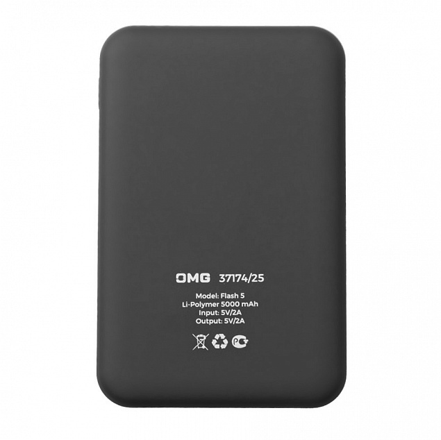 Универсальный аккумулятор OMG Flash 5 (5000 мАч) с подсветкой и soft touch, черный, 9,8х6.3х1,3 см с логотипом в Ставрополе заказать по выгодной цене в кибермаркете AvroraStore