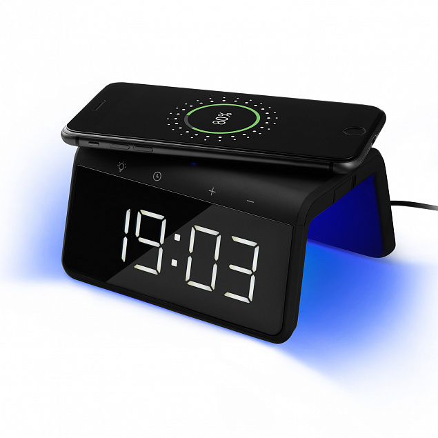 Настольные часы с беспроводной зарядкой 15W, Flame, черный цвет с логотипом в Ставрополе заказать по выгодной цене в кибермаркете AvroraStore