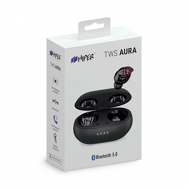 Наушники беспроводные с зарядным боксом HIPER TWS AURA, цвет черный  с логотипом в Ставрополе заказать по выгодной цене в кибермаркете AvroraStore