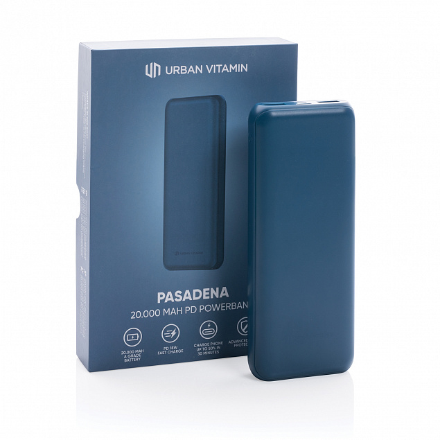Внешний аккумулятор Urban Vitamin Pasadena с быстрой зарядкой PD, 18 Вт, 20000 мАч с логотипом в Ставрополе заказать по выгодной цене в кибермаркете AvroraStore
