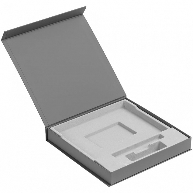 Коробка Memoria под ежедневник, аккумулятор и ручку, серая с логотипом в Ставрополе заказать по выгодной цене в кибермаркете AvroraStore