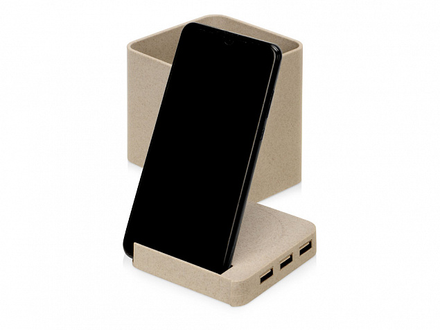 Настольный органайзер Cubic из пшеничного волокна с функцией беспроводной зарядки и выходами USB с логотипом в Ставрополе заказать по выгодной цене в кибермаркете AvroraStore