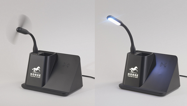 Карандашница "Black Star" с беспроводным (10W) зарядным устройством, вентилятором и лампой, с подсветкой логотипа с логотипом в Ставрополе заказать по выгодной цене в кибермаркете AvroraStore
